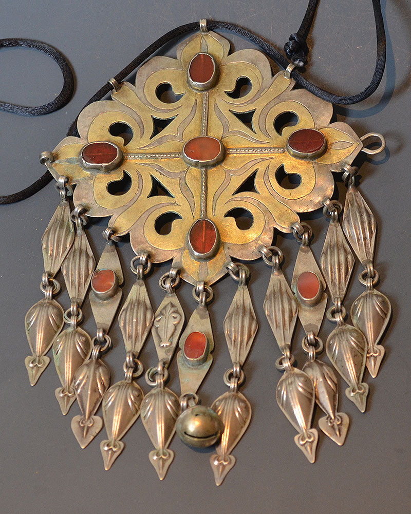 Silver Turkman Pendant with Tassels and Gold Wash