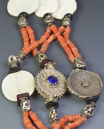 Coral, Shell and Silver Multi-strand Yemen Necklace