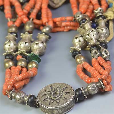 Coral, Shell and Silver Multi-strand Yemen Necklace