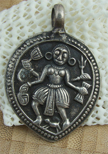 Medium Sized Indian Coin Silver 4-Armed Goddess Pendant